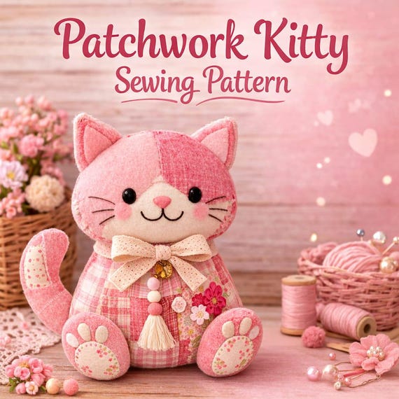 Patchwork Cat Sewing Pattern PDF, Kawaii Kitty Stuffed Animal Tutorial (Digital Download)