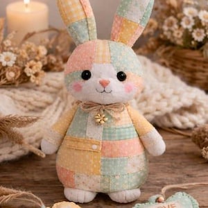 Patchwork konijn knuffel, pastel gevuld konijn, gezellige kinderkamerinrichting