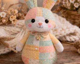 Patchwork Bunny Plush Toy, Pastel Stuffed Rabbit, Cozy Nursery Decor