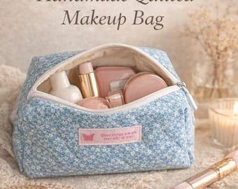 Blue Floral Quilted Makeup Bag | Cottagecore Cosmetic Pouch