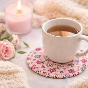 May include: A white ceramic mug filled with tea sits on a pink floral coaster. A lit pink candle and pink roses are in the background, along with a cream-colored knitted blanket. The scene evokes a sense of warmth and relaxation.