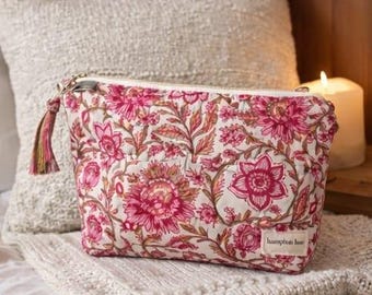 Floral Quilted Cotton Makeup Bag | Pink Botanical Cosmetic Pouch