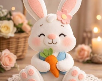 Handgjord filtpåskhare med plysch och morot – pastellfärgad vårdekoration, Cottagecore gosedjurskanin