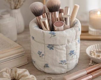 Floral Quilted Makeup Brush Holder | Soft Fabric Cosmetic Organizer | Handmade Vanity Storage Basket