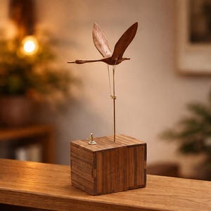 Puede incluir: Una escultura cinética de madera de un pájaro volando. El pájaro está suspendido sobre una base cúbica de madera con un pequeño interruptor. La escultura está hecha de madera marrón oscuro y tiene un diseño minimalista. Las alas del pájaro están extendidas en vuelo.