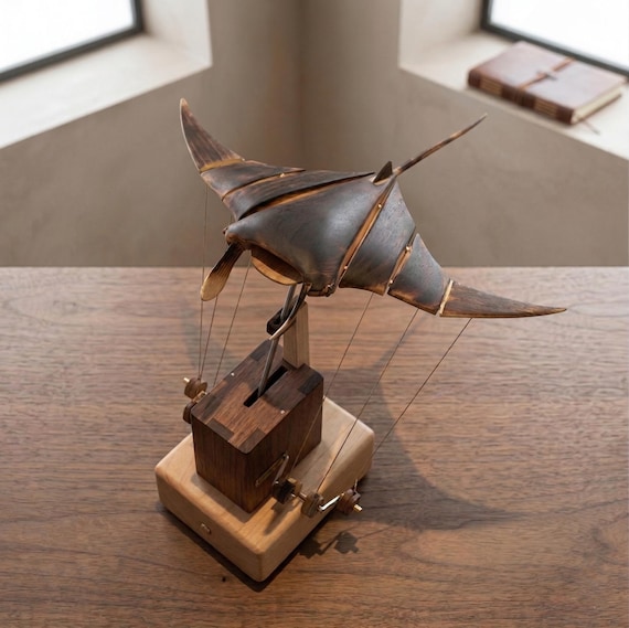 A hand-carved wooden manta ray automaton whose wings actually flap — mechanical desk art that makes you forget it's not alive.