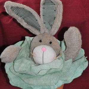 Könnte beinhalten: Ein Plüschhasenspielzeug mit beigem Fell, einer rosa Nase und schwarzen Perlenaugen, das aus einem gerüschten hellgrünen Stoffkragen hervorschaut. Der Hase hat lange Ohren mit einem dunkelgrün-weißen Karomuster auf der Innenseite und zwei erhobene Arme.