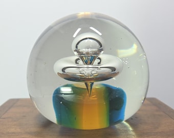 Vintage 3" Art Glass Paperweight, UFO Spaceship Design, Blown Clear Sphere with Internal Ring