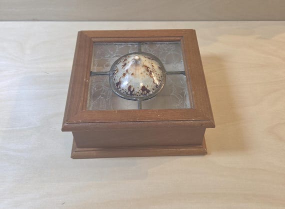 Vintage Wooden Jewelry Box with Stained Glass top with Shell