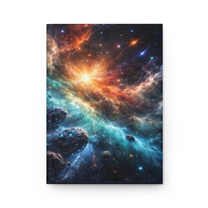 Op de afbeelding: Een hardcover notitieboek met een digitaal gecreëerde afbeelding van een nevel in oranje, blauwe en groene tinten. Het ontwerp van de omslag bevat sterren, asteroïden en een heldere centrale lichtbron, die een kosmisch thema oproept.