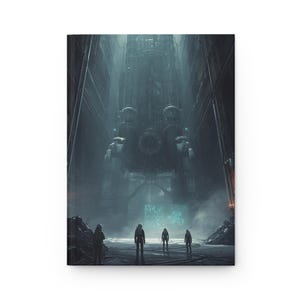 May include: Hardcover journal featuring a futuristic, sci-fi illustration. The image depicts a large, imposing structure with figures in the foreground, creating a sense of scale and mystery. The color palette is dominated by cool tones, enhancing the futuristic theme.