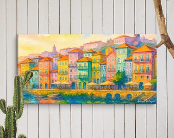Porto Wall Art – Ribeira Houses on Douro River | Watercolor Cityscape of Portugal | VivaPortugal Canvas Print or Poster”