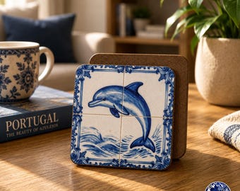 Blue Dolphin Azulejo Coaster Hardboard Back Coaster | Portuguese Tile Inspired