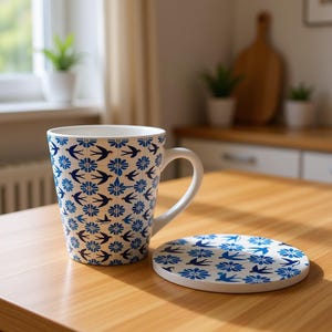 Portuguese Azulejo Mug & Coaster Set | Blue Swallow Tile Pattern | Ceramic Coffee Cup | Portugal Gift