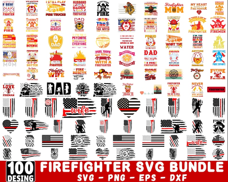 Lot pompier SVG, 100 modèles, drapeau fine ligne rouge (svg, png, eps ...