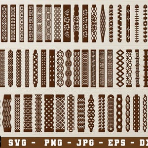 Peut inclure: Une collection de plus de soixante éléments de design verticaux décoratifs bruns, chacun avec un motif unique. Les motifs comprennent des formes géométriques, des motifs floraux et des entrelacs complexes, adaptés à divers projets d'artisanat.