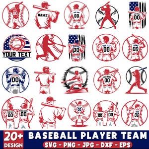 May include: A selection of red and white baseball player designs. Each design shows a baseball player in different poses, with baseballs and space for text. The text "20+ BASEBALL PLAYER TEAM DESIGN" is at the bottom.
