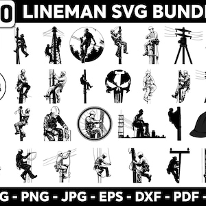 Puede incluir: Una colección de 30 diseños SVG en blanco y negro con temática de liniero. Las imágenes representan linieros trabajando en líneas eléctricas, subiendo postes y siluetas de postes de servicios públicos. El texto "30 LINEMAN SVG BUNDLE" está en la parte superior.