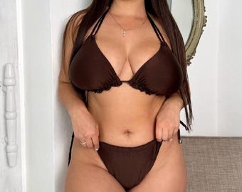 Minimalistische bikiniset | Stringbadpak met hoge taille en bralettetop | Sexy bruine badmode dames | Vakantiebikini | S-4XL