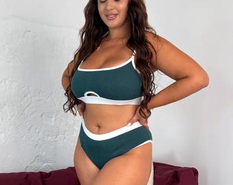 Geribbelde katoenen lingerieset, bralette en slip met hoge taille, zacht dagelijks ondergoed dames (S-4XL)