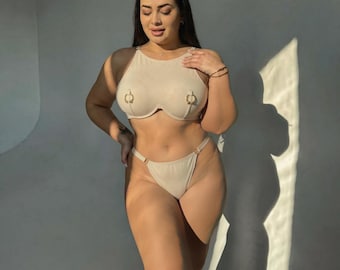 Mono Wire Lingerie Set, High Neck Top and Thong, Gold Ring Hardware Matte Lingerie Women, Plus Size S-4XL