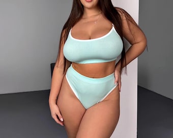 Gladde katoenen lingerieset, bralette met ronde hals en panty met hoge taille, zacht dagelijks ondergoed dames, grote maat S-4XL