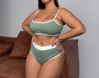 Katoenen braletteset | Geribbelde bh en panty met hoge taille | Comfortabele lingerie voor elke dag | Cadeau voor haar, maat S-4XL