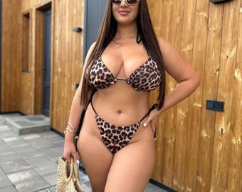 String bikiniset, luipaardprint string driehoek top, dierenprint bikini, sexy micro badmode vrouwen handgemaakt, plus size S-4XL