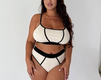 Geribbelde katoenen lingerieset | Bralette en panty met hoge taille | Zacht dagelijks ondergoed dames | Grote maten: S-4XL