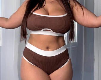 Geribbelde katoenen lingerieset | Bralette en slip met hoge taille | Zacht dagelijks ondergoed dames | Grote maten: S-4XL