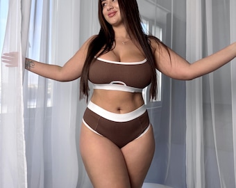 Katoenen braletteset | Geribbelde bh en panty met hoge taille | Comfortabele lingerie voor elke dag | Cadeau voor haar, maat S-4XL