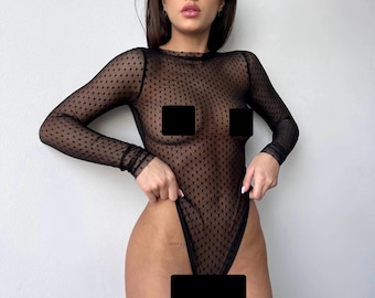 Doorschijnende bodysuit van mesh | Doorschijnende bodysuit met lange mouwen | Mesh-lingerie met stippen dames | Cadeau voor haar, maat S-3XL
