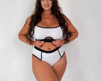 Katoenen lingerieset | Bralette en panty met hoge taille | Zacht dagelijks ondergoed dames | Grote maten: S-4XL