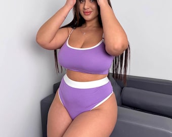 Cotton Bralette Set, Scoop Neck Bra and High Waist Cheeky Panty, Comfortable Everyday Lingerie, Gift for Her S-4XL