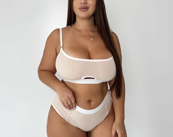 Katoenen braletteset | Geribbelde bh en panty met hoge taille | Comfortabele lingerie voor elke dag | Cadeau voor haar, maat S-4XL