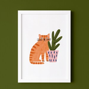 ジンジャーキャットプリント、猫と植物のウォールアート、風変わりなイラストポスター、オレンジのトラ猫、ピンクの植木鉢