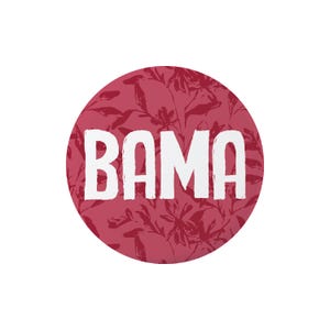 May include: A circular sticker featuring a deep red background with a darker red floral pattern and the word BAMA printed in large, bold, white capital letters across the center. The design is clean and centered on a plain white background.