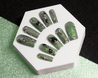 Green & Silver Neo Femme Nails | Handmade Y2K Press-On Set for Bold Looks