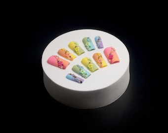 Handmade Rainbow Floral Nails | Pearls, Gold Accents & Rhinestones | Summer Glam Set