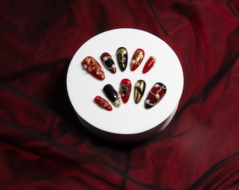3D Dragon Press-On Nails | Red, Black & Gold Chrome Handmade Glam