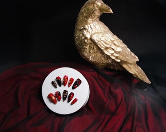 Dark Romantic Press-On Nails | Poe-Inspired Crows, Roses & Gold Chrome Detail