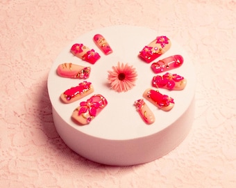 Handmade Summer Floral Nails | Red & Pink Blooms with Gold Detailing