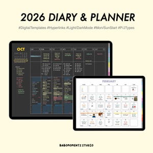 GoodNotes 用 2026 デジタルプランナー | ハイパーリンク、ライト/ダークモード、日曜/月曜開始 (PDF)