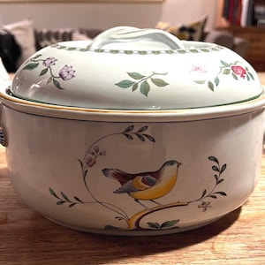 Könnte beinhalten: Eine weiße Keramik-Auflaufform mit Deckel. Die Schüssel zeigt ein Vogel- und Blumendesign in Braun-, Gelb- und Blautönen. Der Deckel hat einen Griff und ist mit Blumen und Blättern verziert. Die Schüssel hat zwei Griffe auf beiden Seiten.