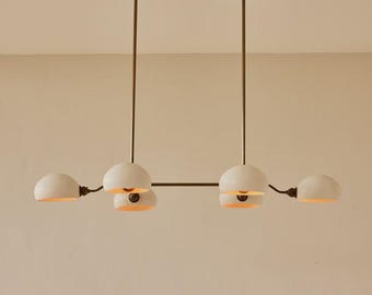 Mid Century Modern Brass Chandelier – Baker Six-Arm Ceiling Light, Wood Accent