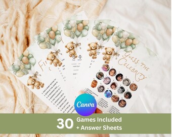 30 Green Teddy Bear Baby Shower Games-Sage Green Cant Bearly Wait Baby Shower Theme Bundle-Editable with Canva