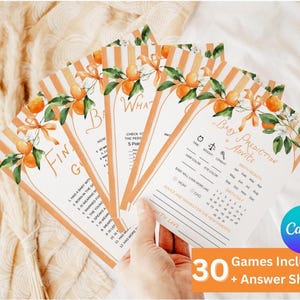 May include: A set of baby shower game cards with an orange and green citrus fruit design. The cards have a striped background and include the text "Baby Prediction + Advice" and "Find the Guest". The image also includes the text "30 Games Included + Answer Sheets".