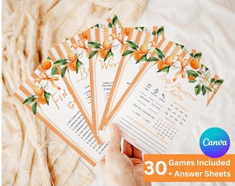 Little Cutie Baby Shower Games-Orange Baby Shower Bundle-(Editable Templates with Canva)-30 Games Included