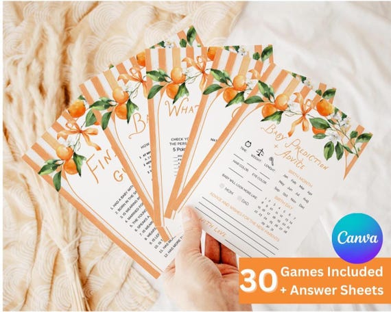 Little Cutie Baby Shower Games-Orange Baby Shower Bundle-(Editable Templates with Canva)-30 Games Included