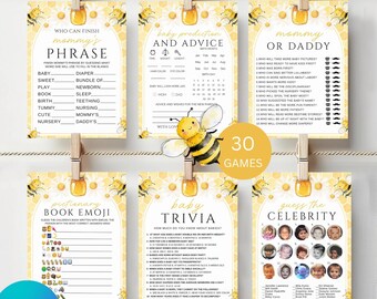 Little Honey Baby Shower Bundle, Honey Bee Baby Shower Games, Editable and Printable With Canva, Gender neutral Shower Theme
